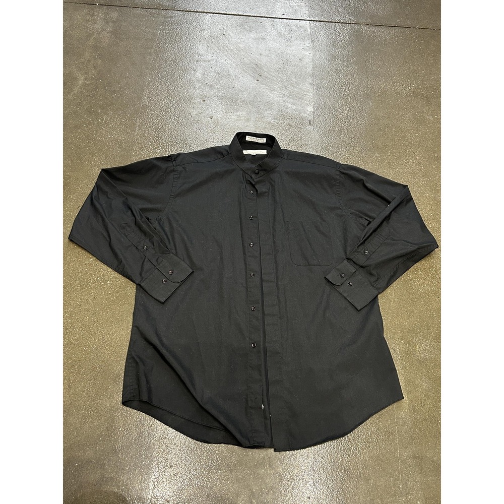 Diamante Dress Shirt Mens Large Black Band Collar Single Needle Korea Tailored